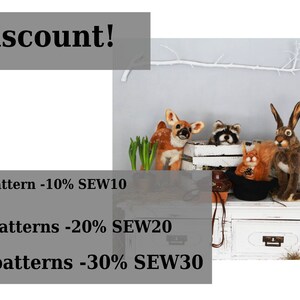 May include: A discount offer for buying multiple patterns. The offer is displayed on a gray background with white text. The text reads: "Discount! 1 pattern -10% SEW10 2 patterns -20% SEW20 3 patterns -30% SEW30"