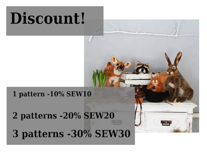 May include: A discount offer for buying multiple patterns. The offer is displayed on a gray background with white text. The text reads: "Discount! 1 pattern -10% SEW10 2 patterns -20% SEW20 3 patterns -30% SEW30"
