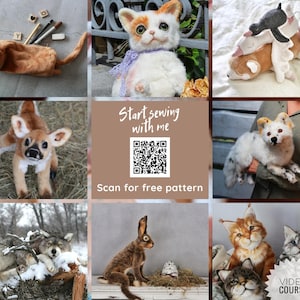 May include: A collage of images featuring various stuffed animal patterns, including a cat, a deer, a wolf, a rabbit, and a fox. The text "Start sewing with me" and a QR code are displayed in the center of the collage. The text "Scan for free pattern" is below the QR code. The text "Video Course" is displayed in a circle in the bottom right corner of the collage.