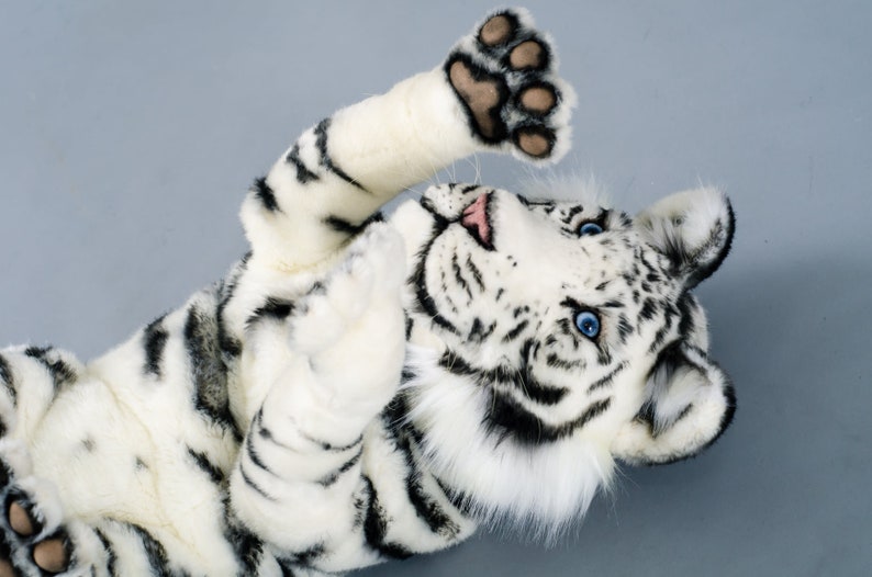 May include: A white tiger plush toy with black stripes, blue eyes, and a pink nose. The toy is lying on its back with its paws in the air.
