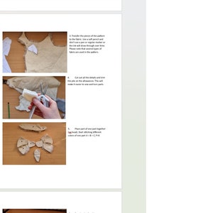 May include: A step-by-step guide on how to sew a fabric bow tie. The instructions include transferring the pattern to the fabric, cutting out the details, and sewing the pieces together. The image shows the fabric pieces laid out on a wooden surface.