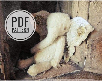 PDF stuffed white elephant, plush animal pattern, vintage style, kids craft toy kit, teddy bear diy, retirement hobby, sewing toy pattern