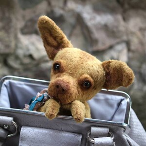May include: A small, brown, plush toy chihuahua dog peeking out of a gray purse with a silver clasp.