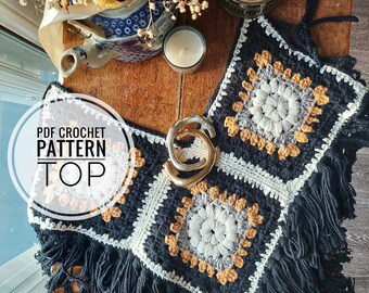 PDF crochet pattern boho top, country stile clothes, instant download, granny square hippie women blouse, vintage styles, Halloween scheme