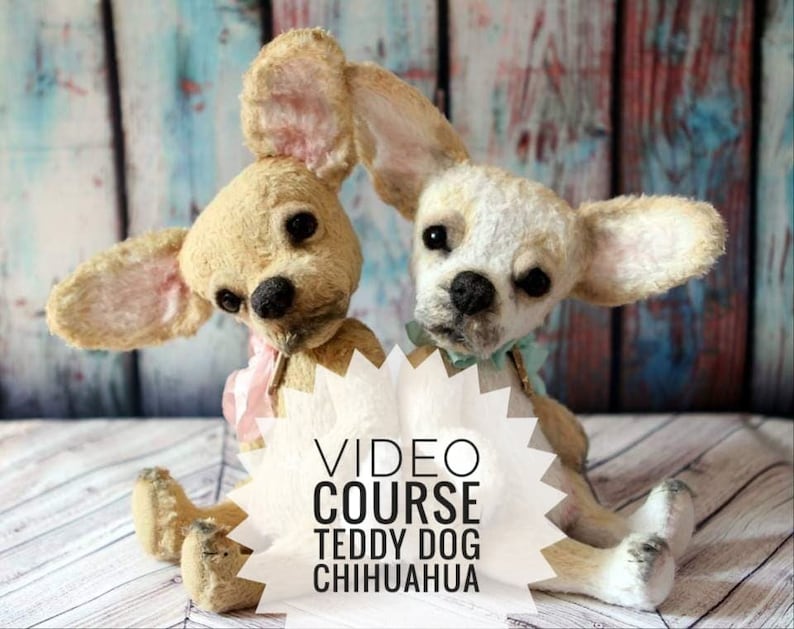 May include: Two beige and white plush teddy dog chihuahua toys sitting on a wooden surface. The text "VIDEO COURSE TEDDY DOG CHIHUAHUA" is on a white starburst shape.