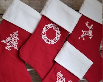 Embroidered Flannel Christmas Stocking- Red