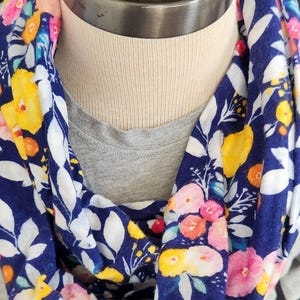 Flannel Infinity Scarf with Hidden Pocket - Dark Blue with Flowers