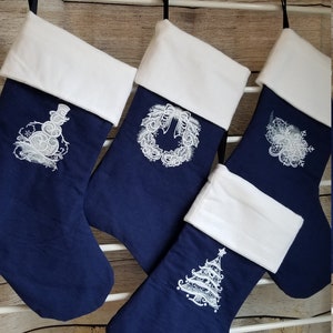 Embroidered Flannel Christmas Stocking- Blue
