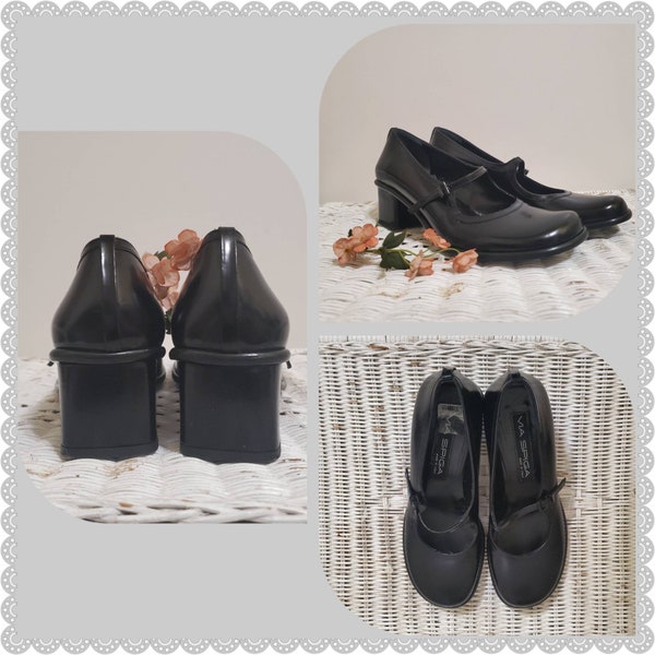Vintage Black Mary Janes Via Spiga Italy Strap Block Heels 7.5