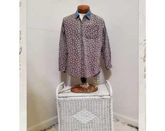 Vintage Mens Boyfriend Floral Lavendar Purple Boho Skater Button Long Sleeve RARE Shirt