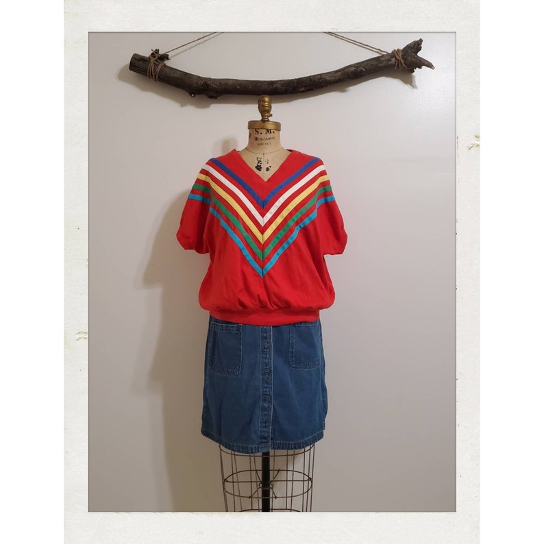 Vintage 80s Rainbow Red Batwing Slouchy V-Neck Summer Fun Shirt image 1