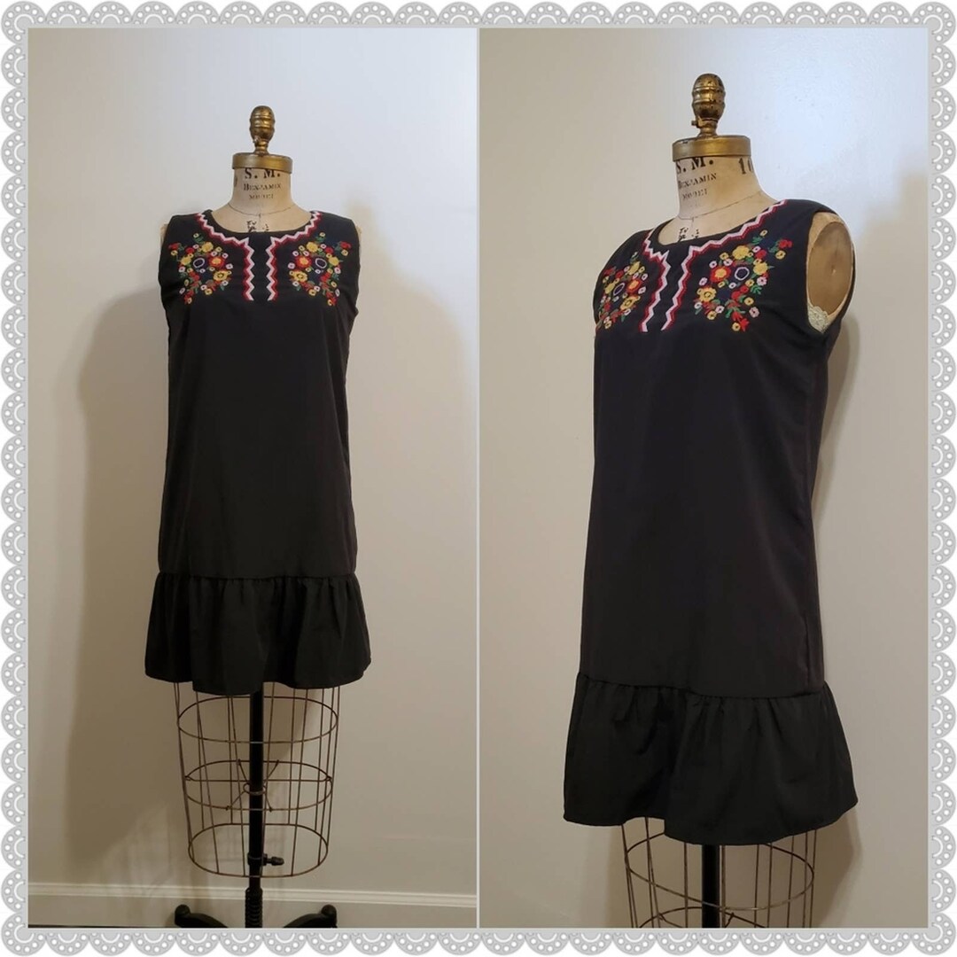 Black Floral Embroidered Baby Doll Hippie Boho Ruffle Mexican Etsy