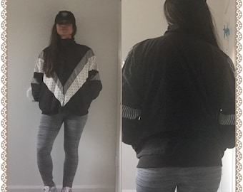 Vintage 80s 90s Black Polka Dot Geometric Zach Morris Sports Unisex Bomber Jacket!