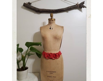 Vintage Red Genuine Snake Skin Leather Suede Circle Design Belt