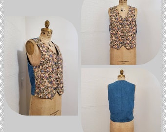 Vintage Floral Blue Jean Cottagecore Shabby Chic Festival Vest