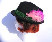 Funky Pink Flamingos on Black 100% Wool Fedora. Adult Large/XL Women's Hat. Astroturf included.