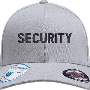 May include: A gray baseball cap with a black embroidered "SECURITY" text on the front. The cap has a curved brim and a mesh back.