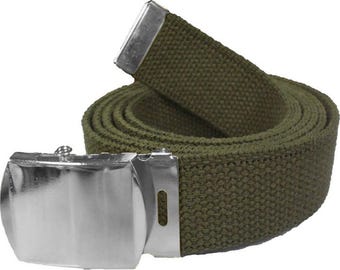 Olive Drab Belt & Chrome Buckle 100% Cotton Military 54" Long Web Belt