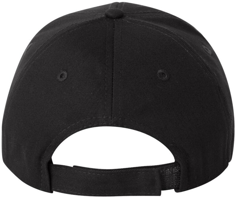 May include: A plain black baseball cap with a curved peak and an adjustable strap at the back. The cap has a six-panel design, a button on top, and ventilation eyelets. The strap allows for a custom fit.