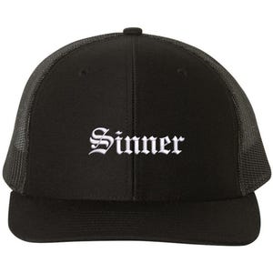 May include: Black trucker hat with a white embroidered word "Sinner" in old English font.