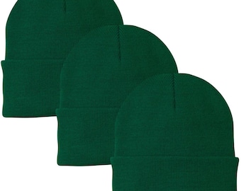 3 Pack Acrylic Knitted Warm Beanie Hat | Skull Cap Watch Cap Winter Hat for Men and Women, Green