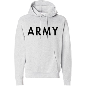 May include: A gray hooded sweatshirt with the word "ARMY" printed in black on the front.