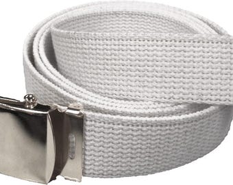 White Belt & Chrome Buckle 100% Cotton Military 54" Long Web Belt