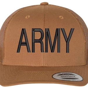 May include: A brown and black trucker hat with a black mesh back. The front of the hat has the word "ARMY" embroidered in black.