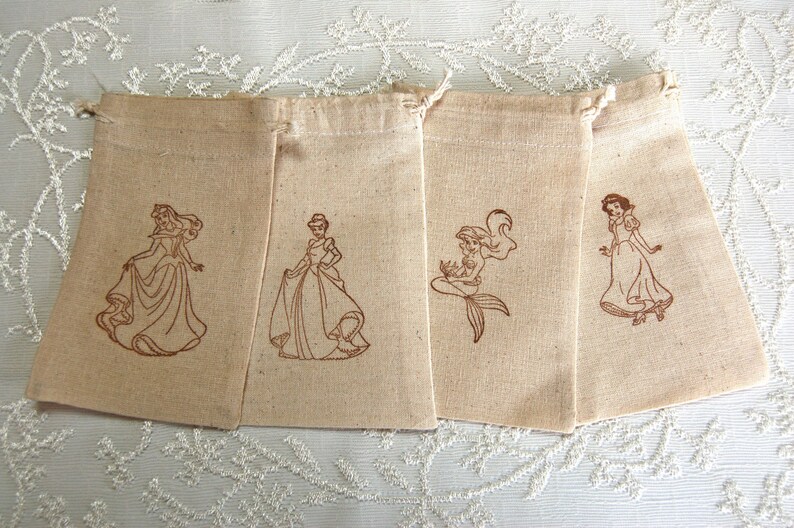 Set of 10 Disney Princess Gift Bags Party Favors Goody Bags Muslin Bags Snow White Bags