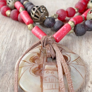 Gypsy Necklace In Red And Turquoise With Ghana Brass Beads And Bone Mask Pendant Bohemian Jewelry image 1