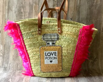 Boho Beach Bag with Perfume Bottle patch Straw Bag Beach Basket with Leather Handles Bohemian Artistic Handmade Anniversary Birthday Gift