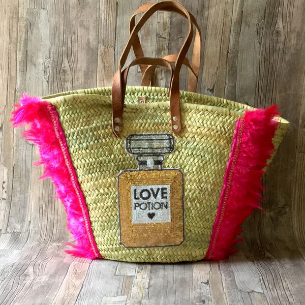 Boho Beach Bag with Perfume Bottle patch Straw Bag Beach Basket with Leather Handles Bohemian Artistic Handmade Anniversary Birthday Gift