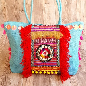 Boho Bag Turquoise African Style Pink Colorful Bohemian Beach Bag Handmade Traditional Wedding Gift For Her image 1
