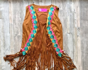 Boho Gilet of Faux Suede with Fringe and Colorful Applications Bohemian Artistic Traditional Handmade Anniversary Birthday Gift for Her