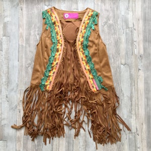 Boho Gilet of Faux Suede with Fringe and Colorful Applications Bohemian Artistic Traditional Handmade Anniversary Birthday Gift for Her image 1