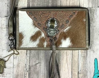 Leather wallet with Goatskin, Boho leather wallet with fringe and stone