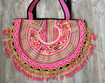 Hmong Halfmoon Beach Bag with Hmong tribes embroidery and beads, Vintage Thai Hill Tribe Shoulder bag