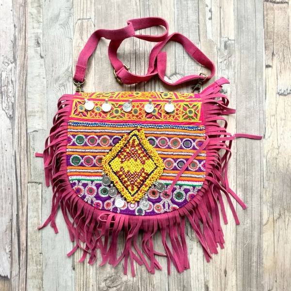 Pink leather Boho Banjara Bag - Tribal embroidered Handmade Crossbody Bag - Fringe Tassel Shoulderbag - Kuchi Handbag