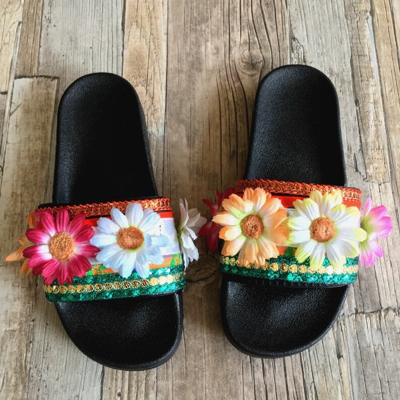 Boho Summer Slipper Slides Size 40 with beads Boho summer sandals with feathers Boho Beach slides Ibiza Style summer Sandals handmade image 1