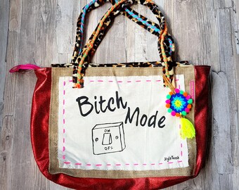 Boho Bag Colorful Bohemian Beach Bag With Funny Quote Bitch Mode Handmade Wedding Gift For Her Tribal Gift