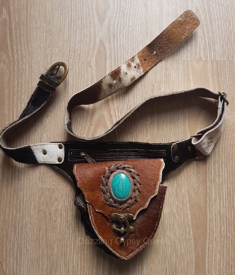 Leather Hip Bag Gypsy Festival Bag Boho Fanny Pack Waist Bag With Turquoise Stone Bohemian fanny Pack Handmade leather moneybelt image 5