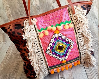 Boho Bag African Style Leopard Print Colorful Bohemian Beach Bag Handmade Traditional Wedding Gift For Her