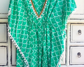 Boho Beach Dress Green Cream PomPoms Bohemian Artistic Traditional Handmade Tribal Anniversary Birthday Gift for Her