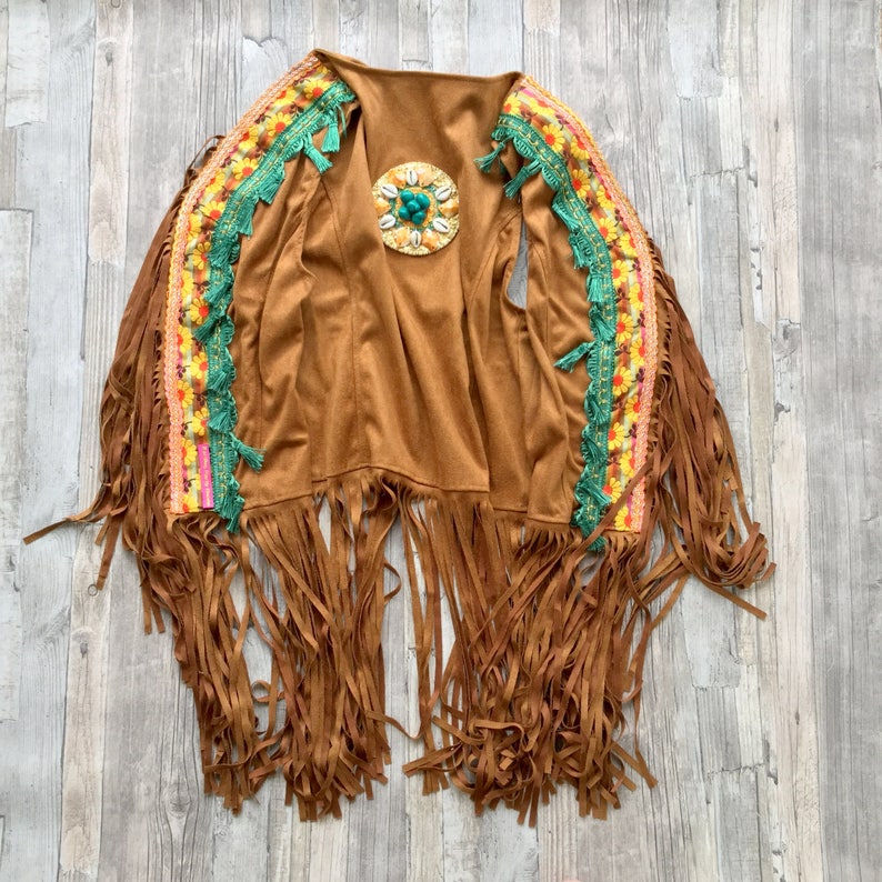 Boho Gilet of Faux Suede with Fringe and Colorful Applications Bohemian Artistic Traditional Handmade Anniversary Birthday Gift for Her image 2