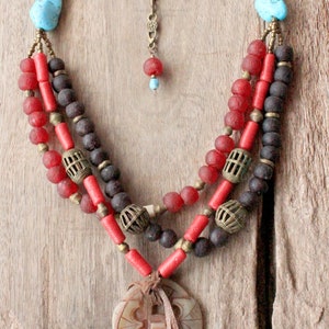 Gypsy Necklace In Red And Turquoise With Ghana Brass Beads And Bone Mask Pendant Bohemian Jewelry image 3