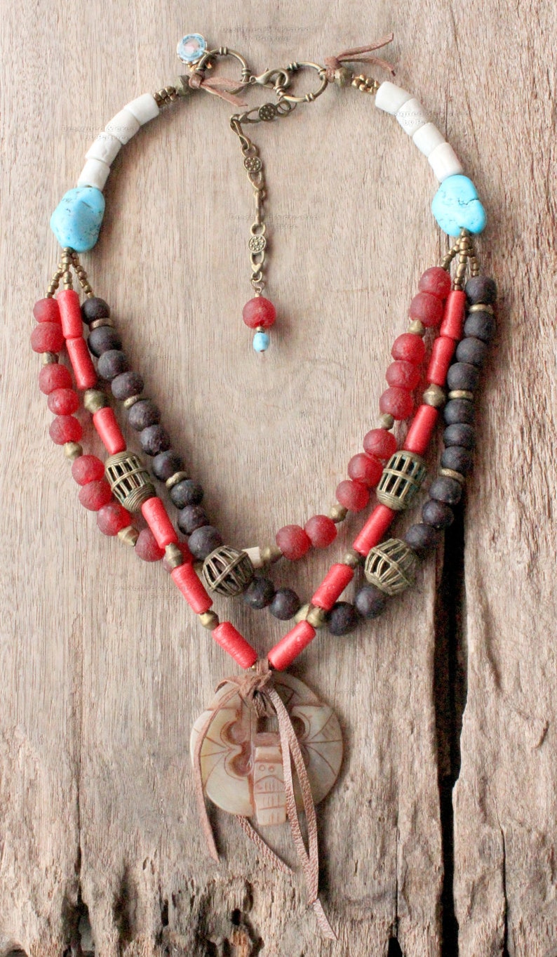 Gypsy Necklace In Red And Turquoise With Ghana Brass Beads And Bone Mask Pendant Bohemian Jewelry image 3