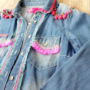 Statement jeans shirt embellished jeans blouse colorful trimmings lace image 1