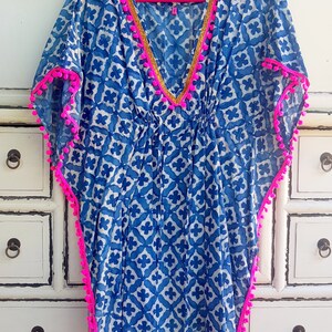 Boho Beach Dress Blue Pink PomPoms Bohemian Artistic Traditional Handmade Tribal Anniversary Birthday Gift for Her image 2