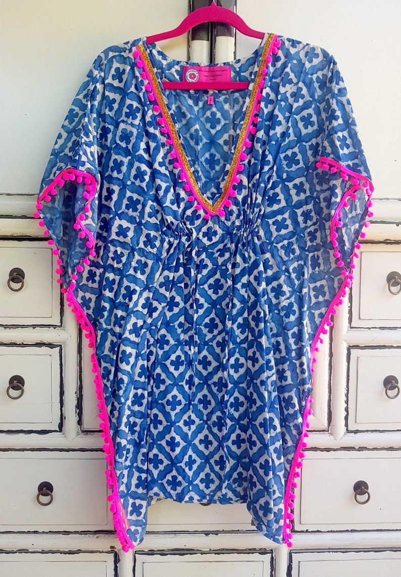 Boho Beach Dress Blue Pink PomPoms Bohemian Artistic Traditional Handmade Tribal Anniversary Birthday Gift for Her image 2