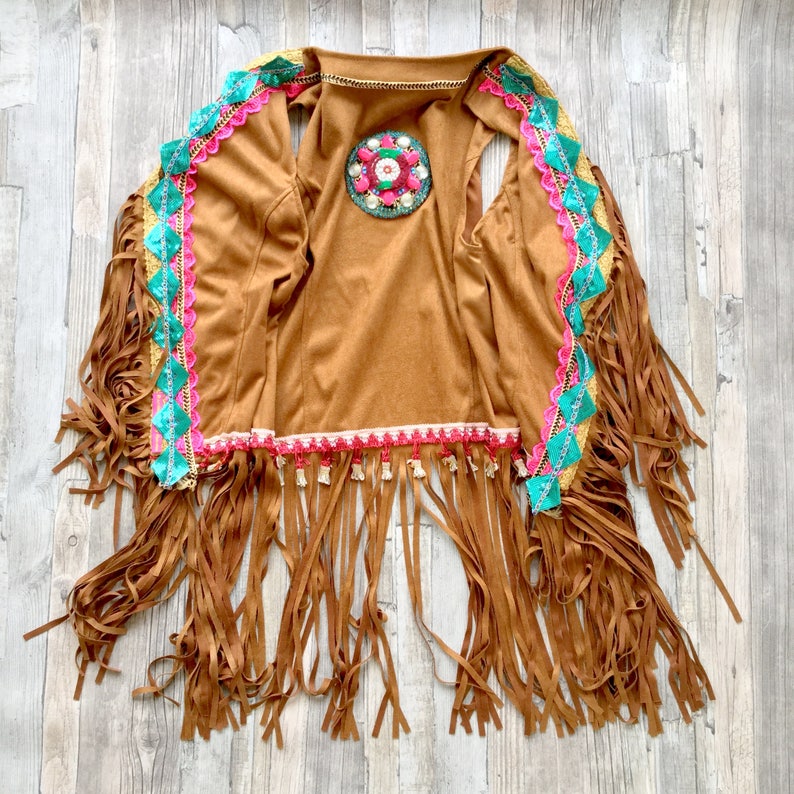 Boho Gilet of Faux Suede with Fringe and Colorful Applications Bohemian Artistic Traditional Handmade Anniversary Birthday Gift for Her image 2